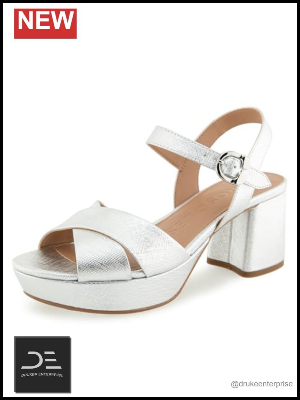 Heeled Sandals with Platform Heel, Ankle Strap, Faux Leather